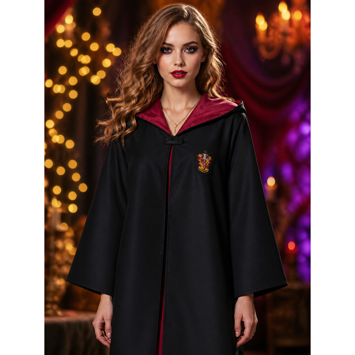 Gryffindor Wizard Robe Costume Set, Black Hooded Cape with Red & Gold Tie