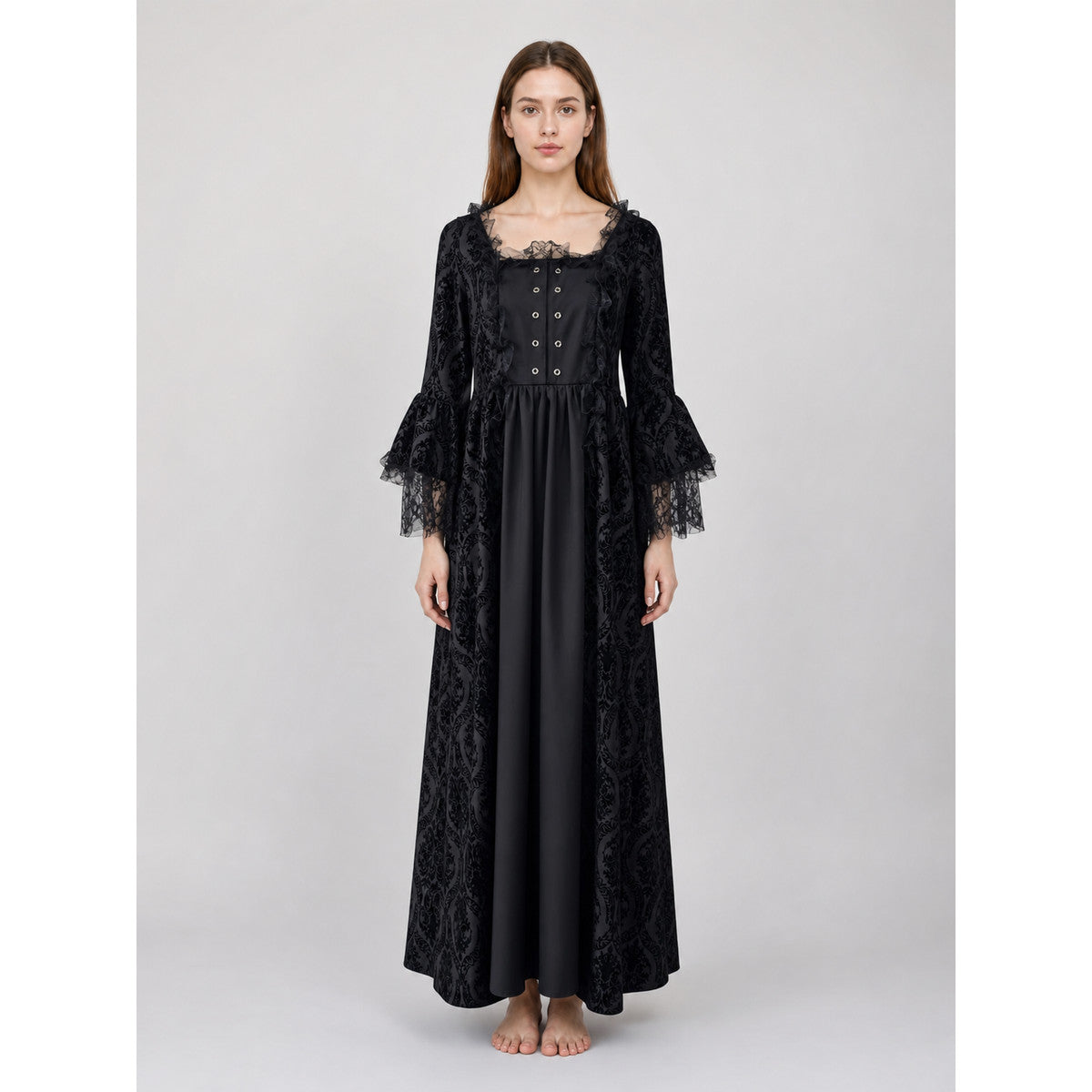 Gothic Vintage Maxi Dress with Lace Trim on-model view