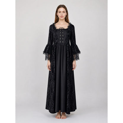 Gothic Vintage Maxi Dress with Lace Trim on-model view