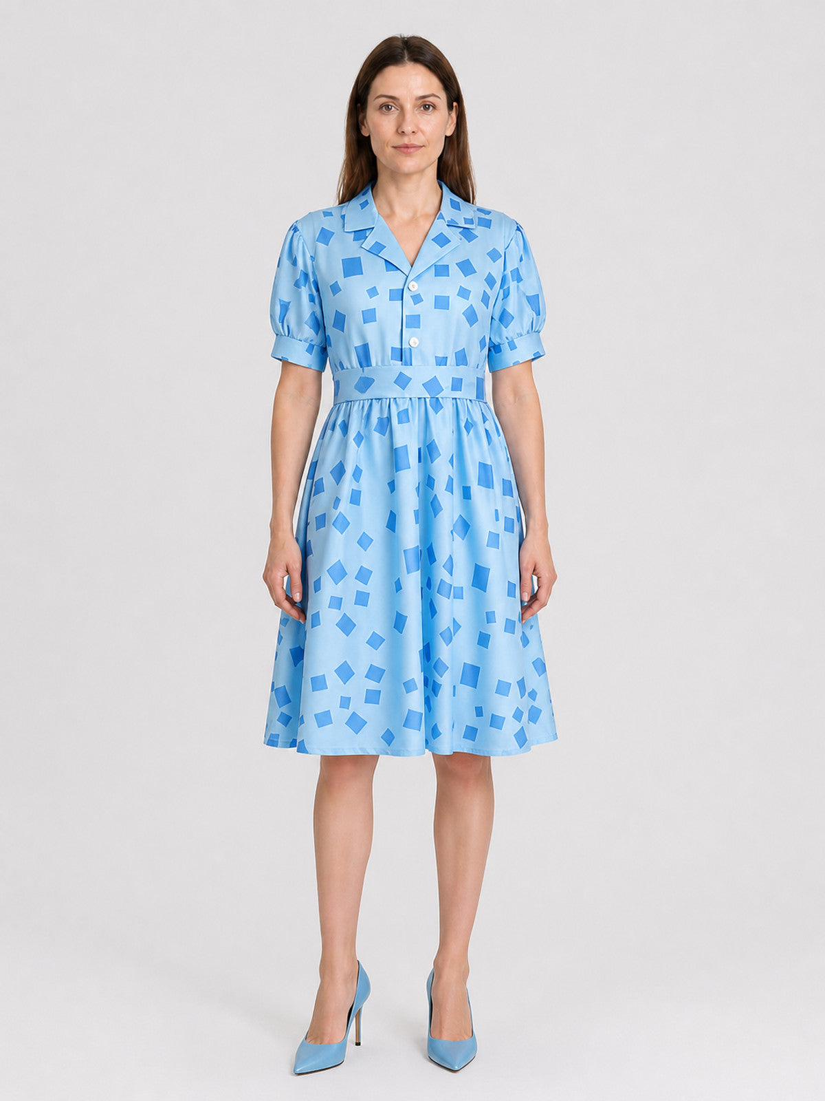 Matilda Cosplay Dress, Blue, with Collar on-model view