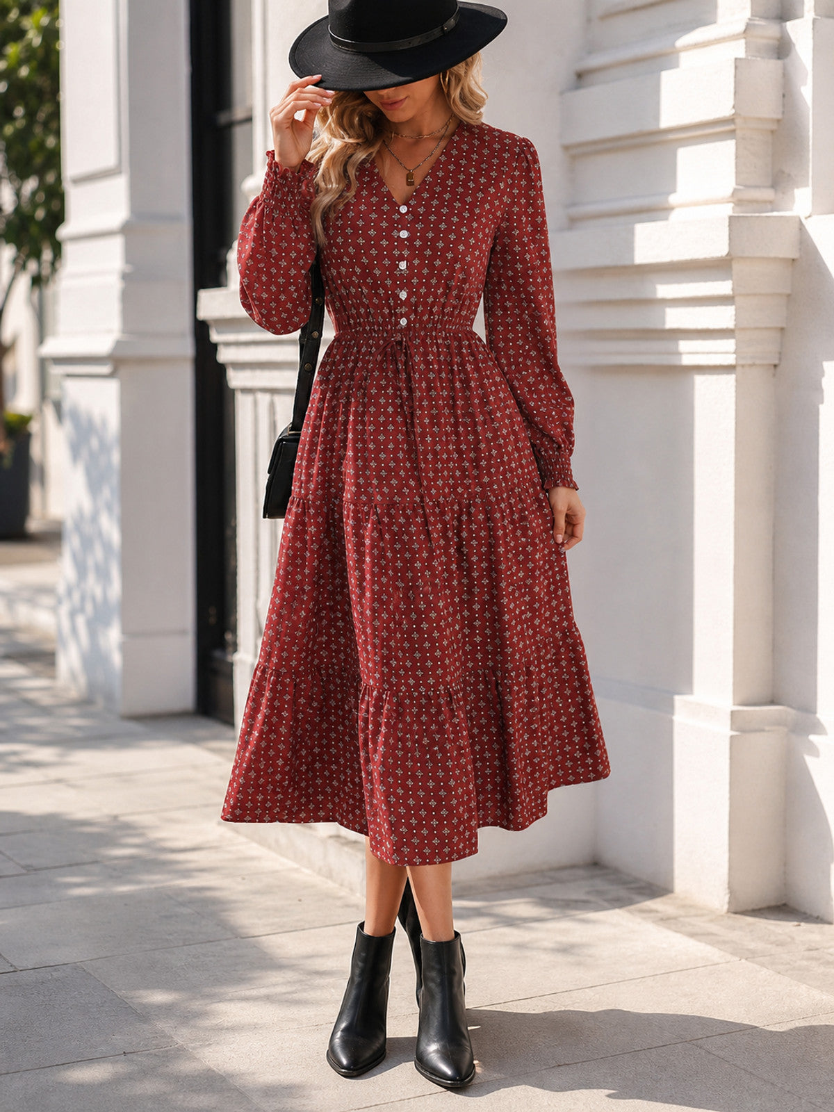 Women's Long Burgundy Dress with Print main product view