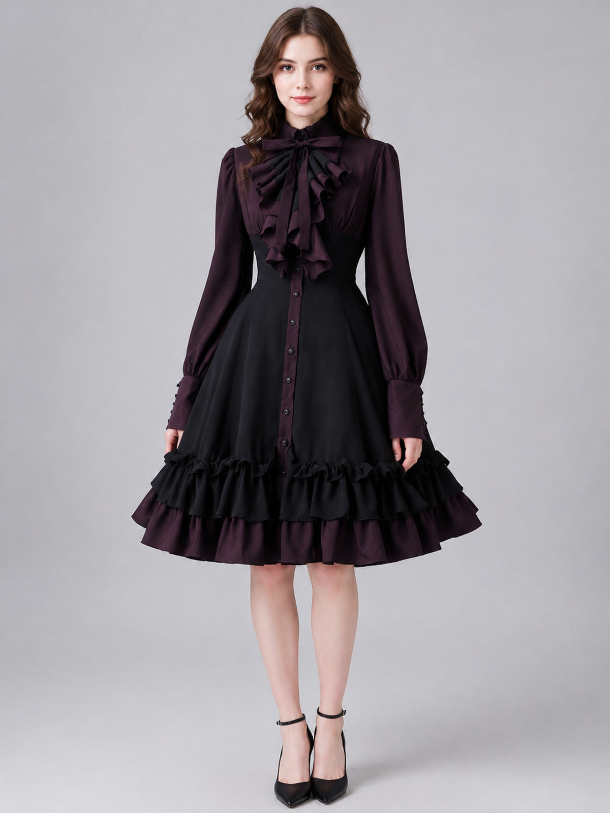 Gothic Dress with Bow, Ruffles, and High Collar on-model view