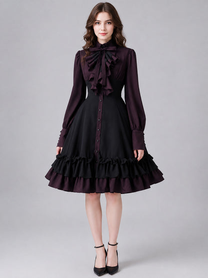 Gothic Dress with Bow, Ruffles, and High Collar on-model view