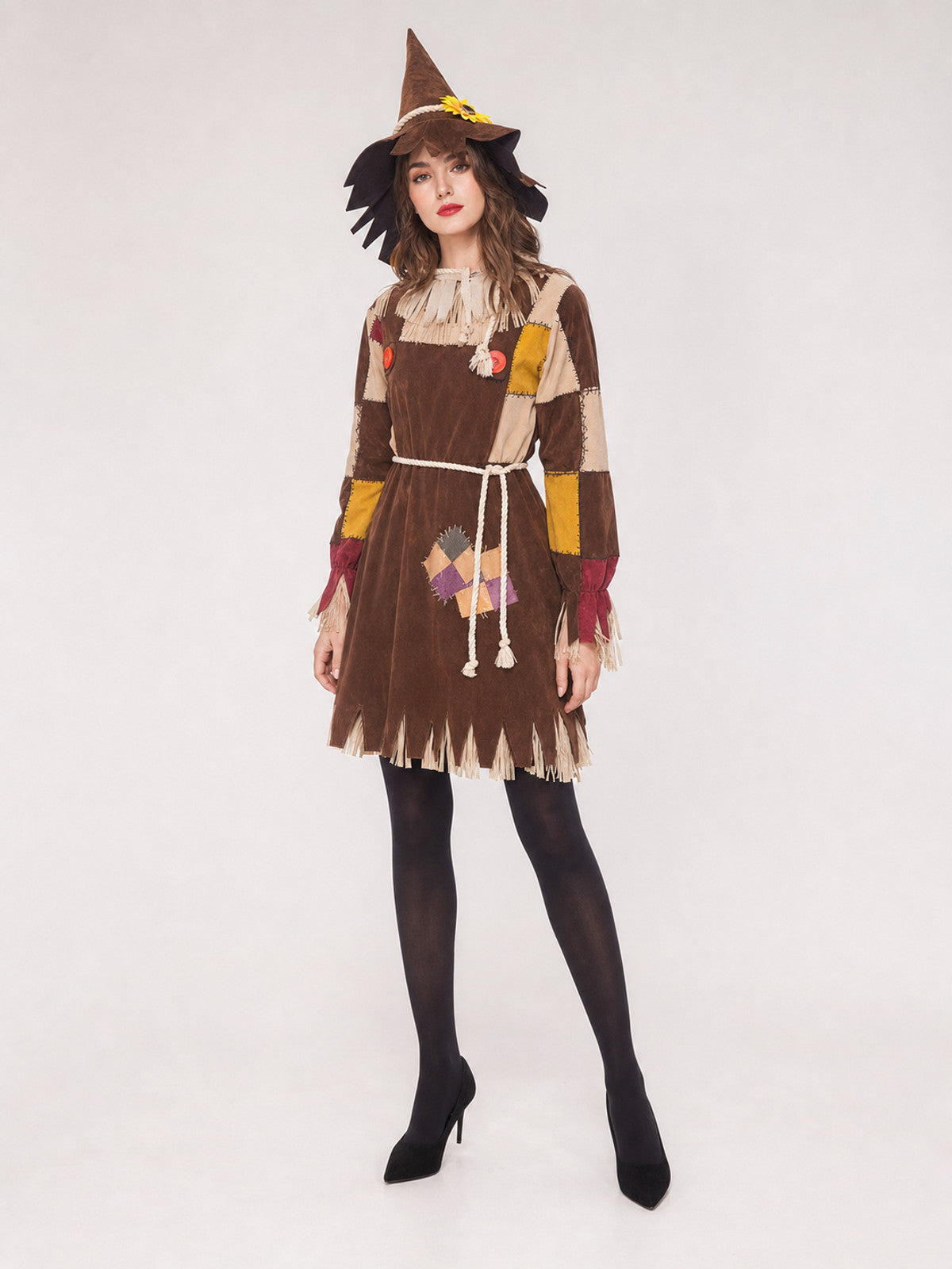 Scarecrow Costume with Patchwork Detailing and Hat on-model view