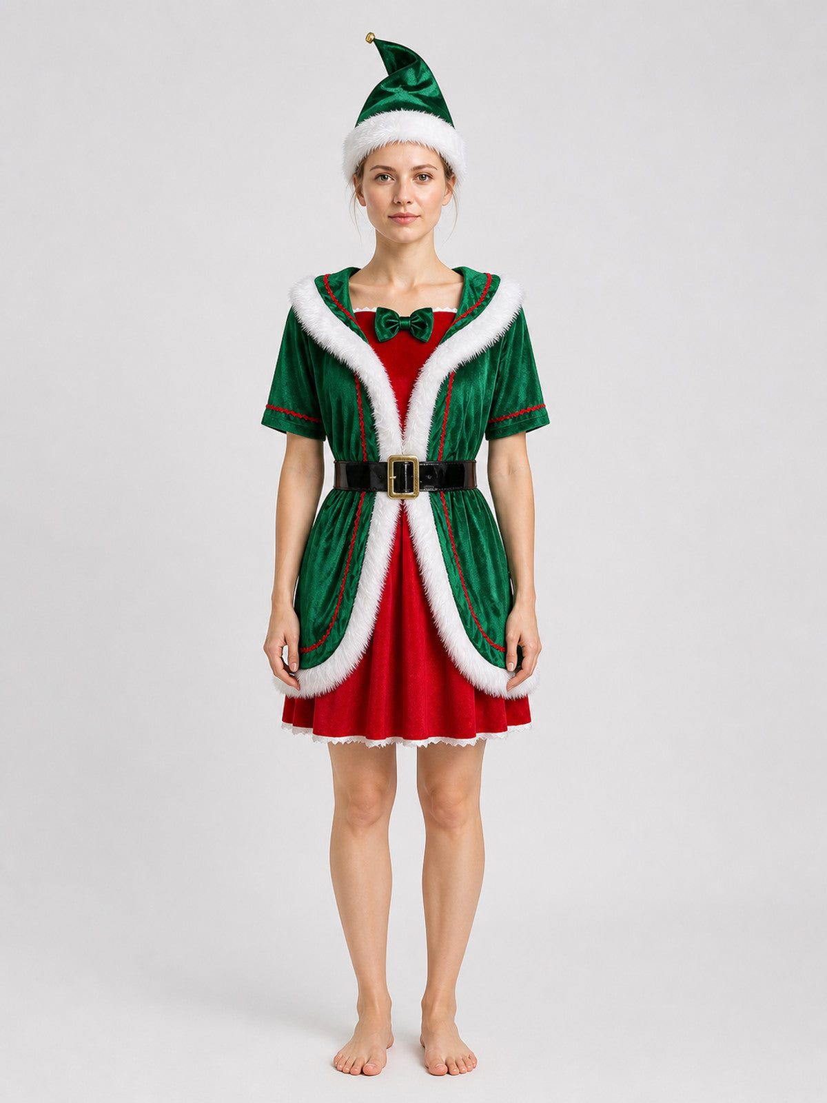 Christmas Elf Costume, Dress with Hat on-model view