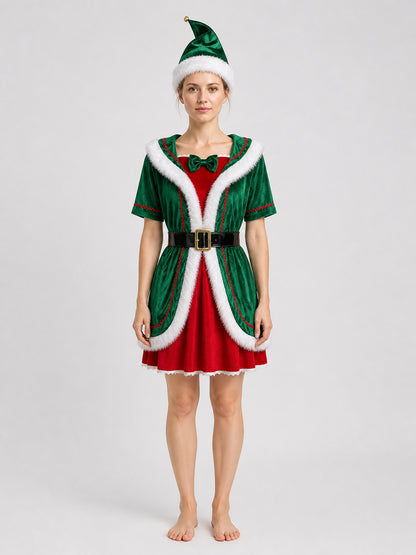 Christmas Elf Costume, Dress with Hat on-model view