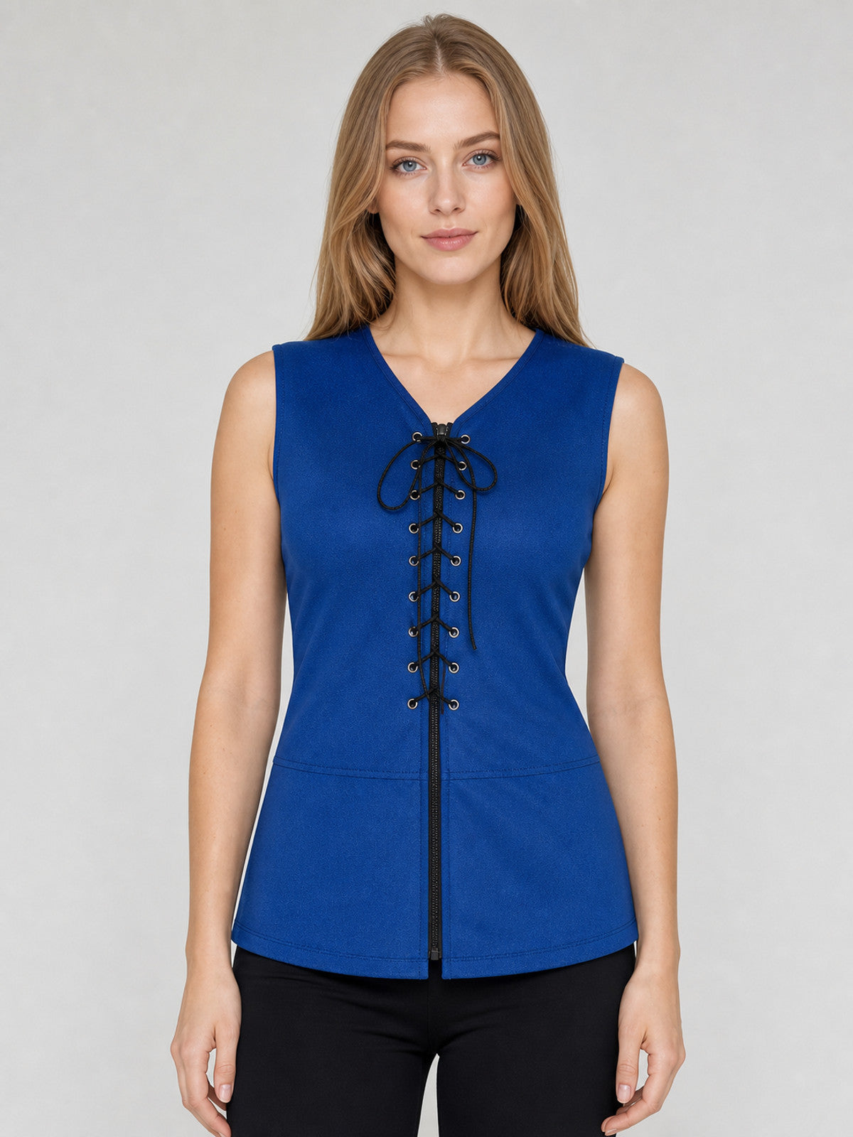 Dark Navy Lace-Up Corset Vest with a V-Neck on-model view
