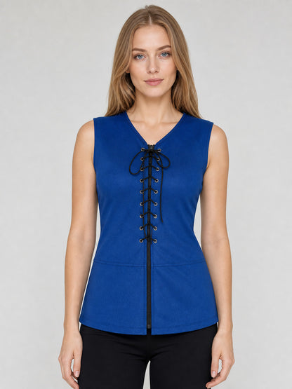 Dark Navy Lace-Up Corset Vest with a V-Neck on-model view