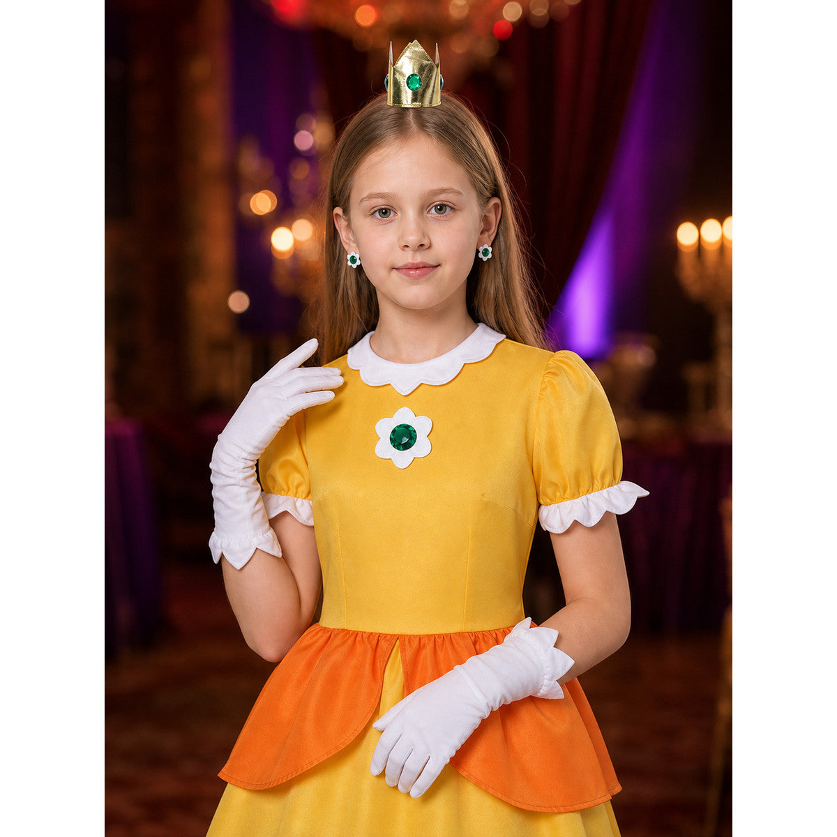 Kids Princess Halloween Costume Set - Yellow Orange Ruffle Dress With Crown on-model view