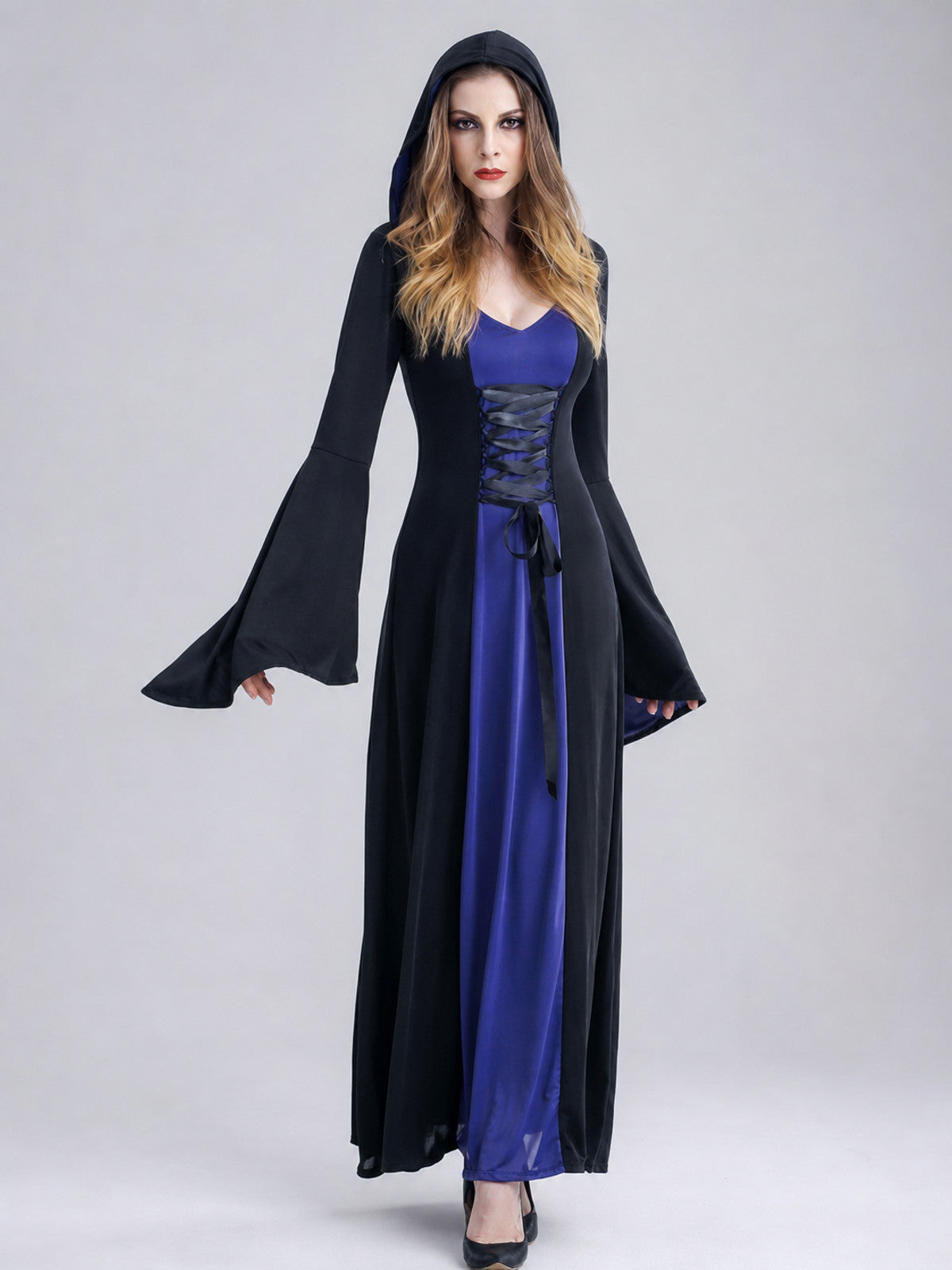 Gothic Hooded Robe with Lacing on-model view