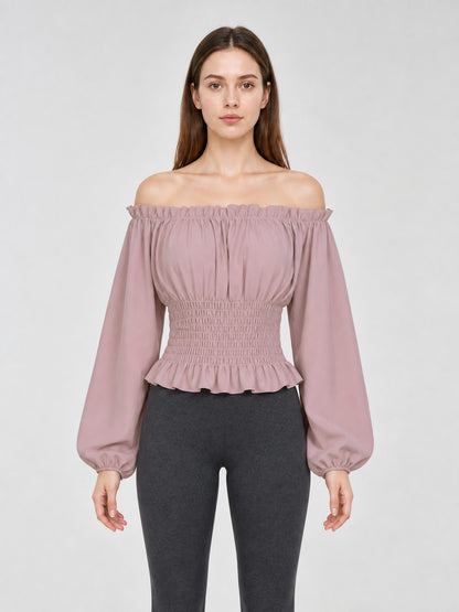 Cropped Blouse with Puff Sleeves and Ruffle front view