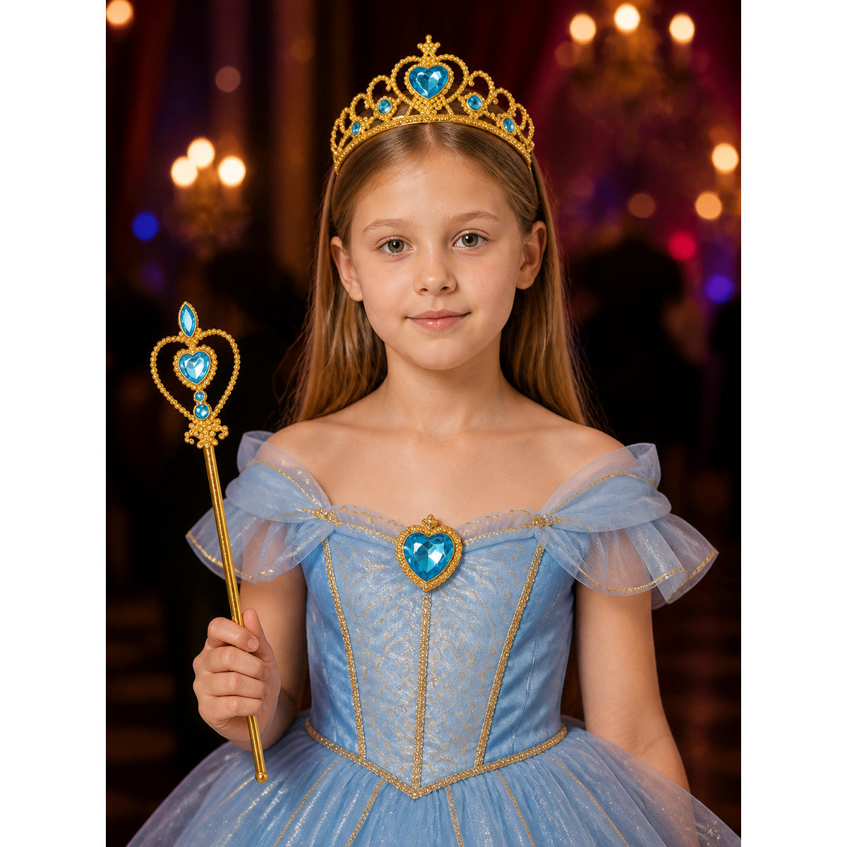Princess Crown and Magic Wand Set, Blue Gold Heart Gems Costume Accessory on-model view