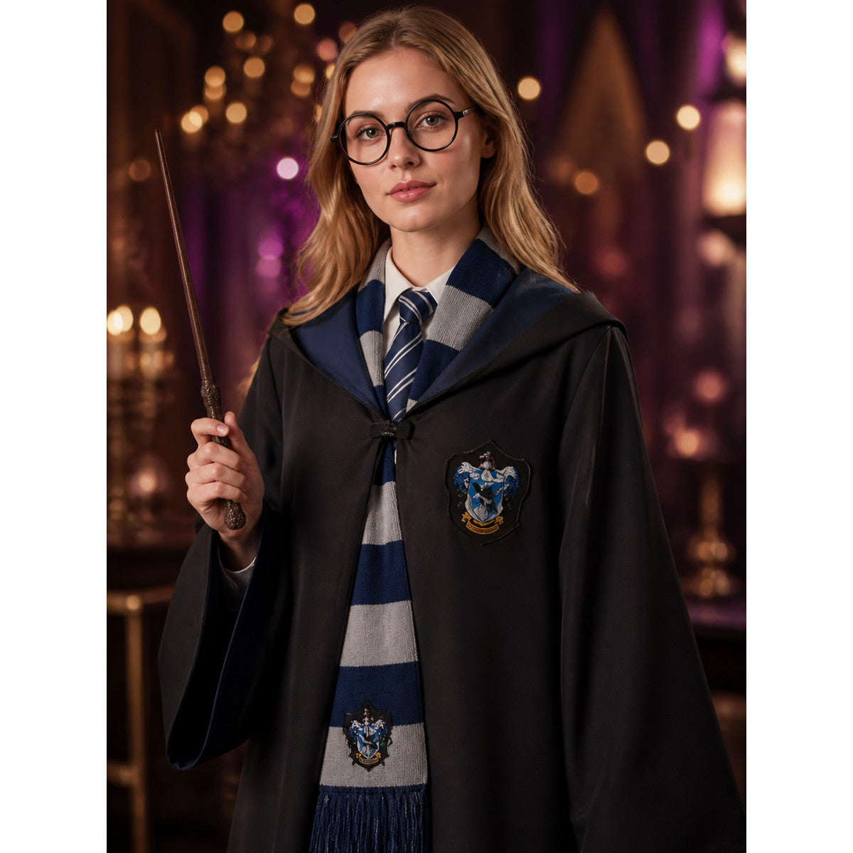 Wizard Robe Costume Set, Hooded Black Cloak with Blue-White Striped Scarf, Tie on-model view