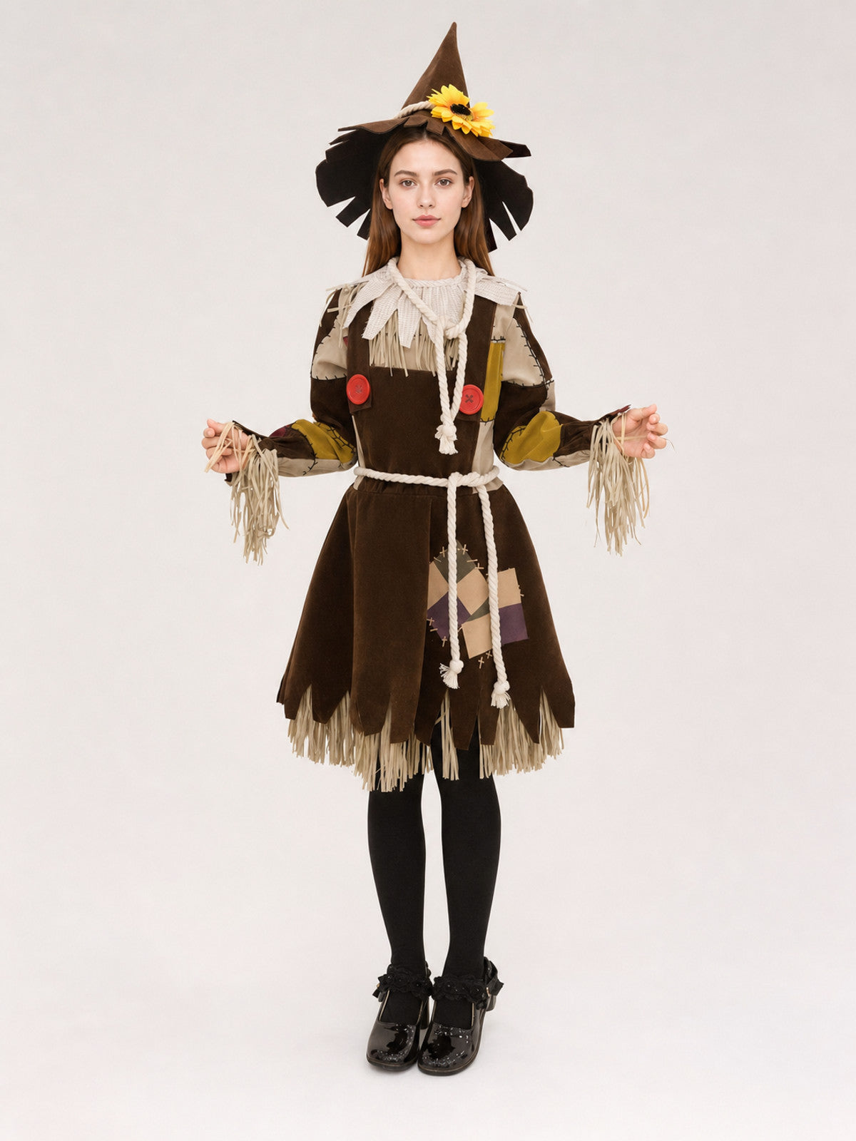 Scarecrow Stage Costume with Hat and Fringe on-model view