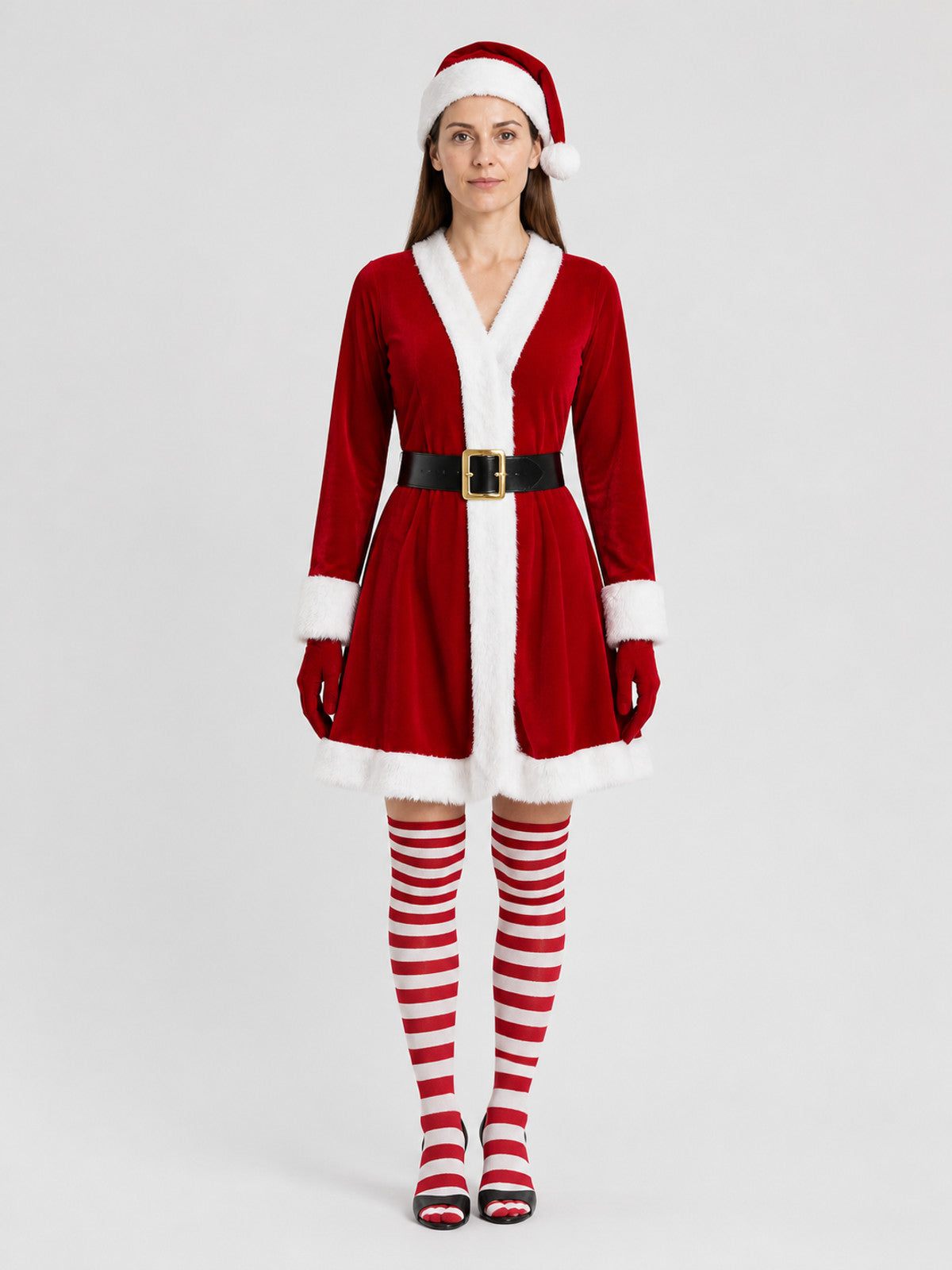 Christmas dress with hat, belt, gloves, and socks on-model view