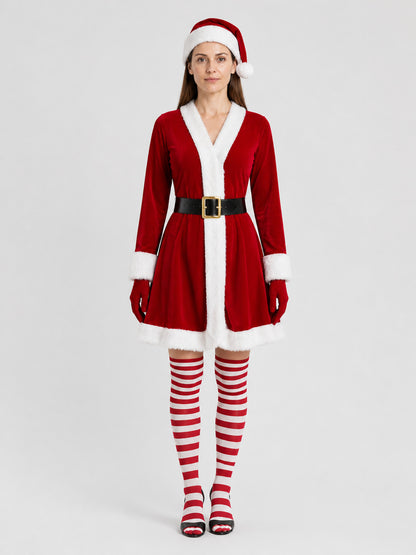 Christmas dress with hat, belt, gloves, and socks on-model view