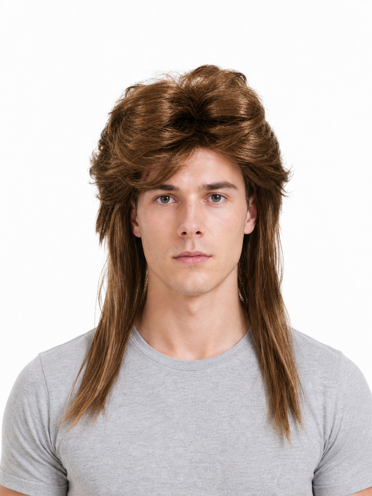 Brown costume wig with a voluminous swept top and long straight side sections, shown from the front on a model