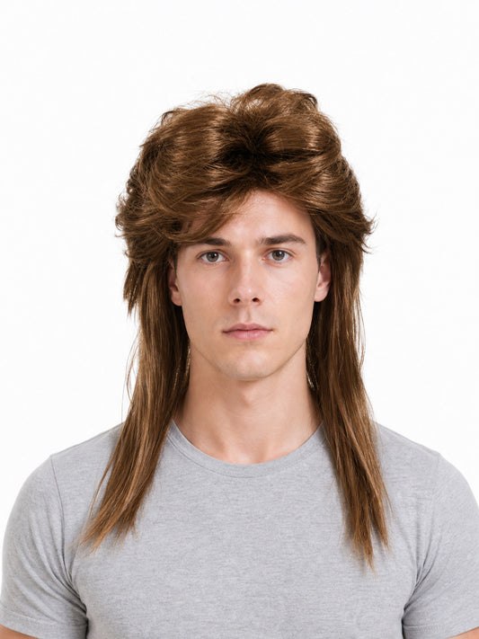 Brown costume wig with a voluminous swept top and long straight side sections, shown from the front on a model