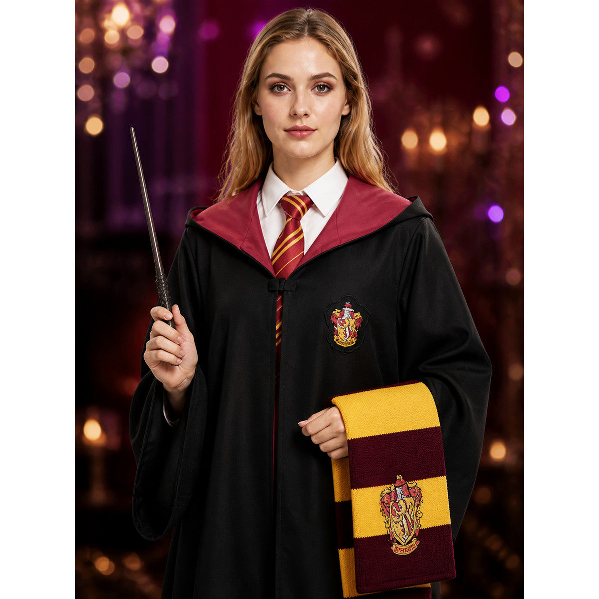 Academy Wizard Robe Costume Set with Red and Yellow Striped Scarf and Tie on-model view