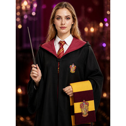 Academy Wizard Robe Costume Set with Red and Yellow Striped Scarf and Tie on-model view