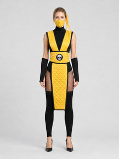Mortal Kombat Women's Yellow Ninja Cosplay Costume with Mask, Quilted Vest & Fishnet Stockings