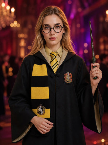 Wizard Costume Set With Black And Yellow Robe, Scarf, Tie, Wand And Round on-model view