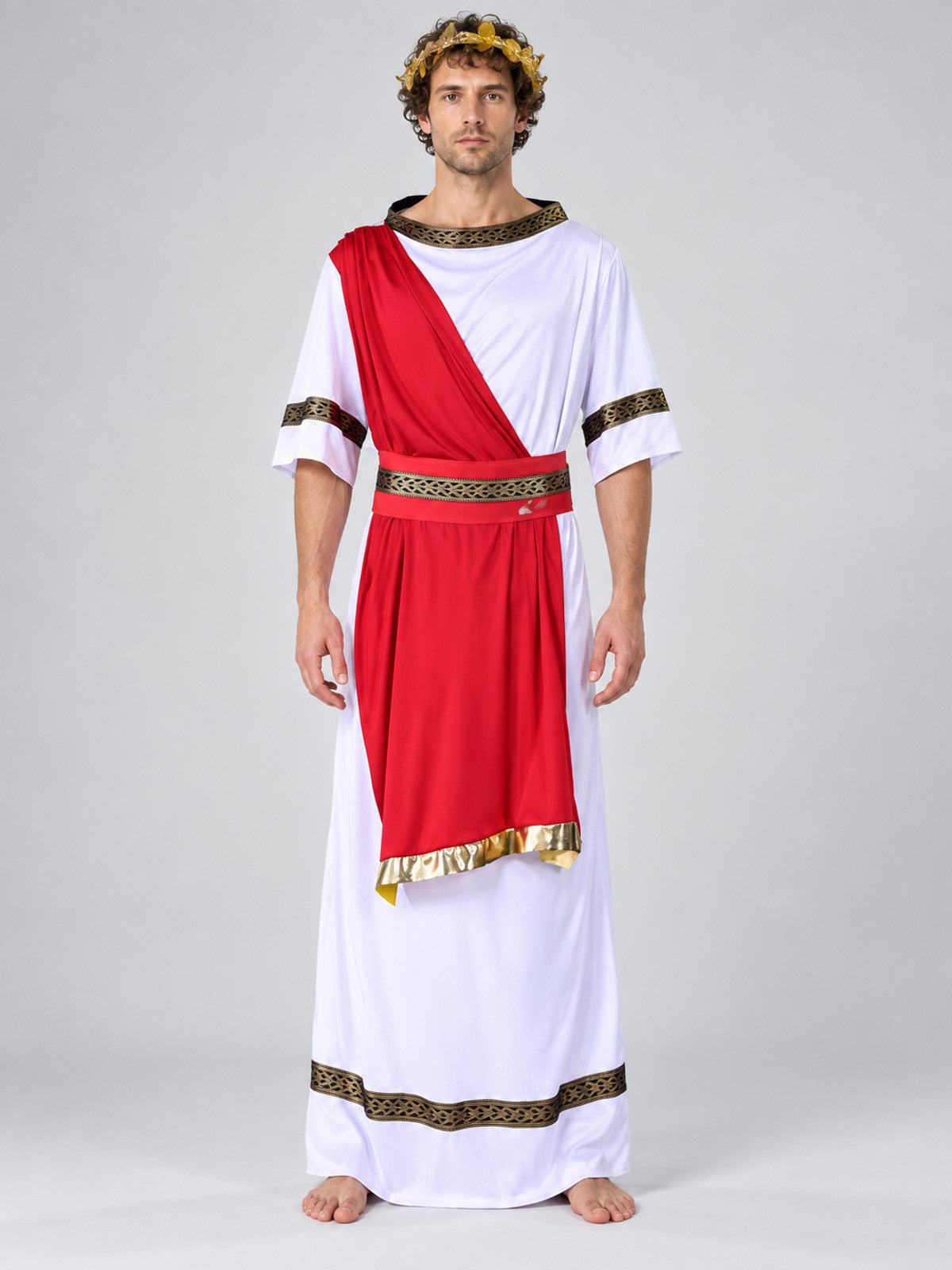 White Ancient-Style Costume with Draping and Wreath on-model view