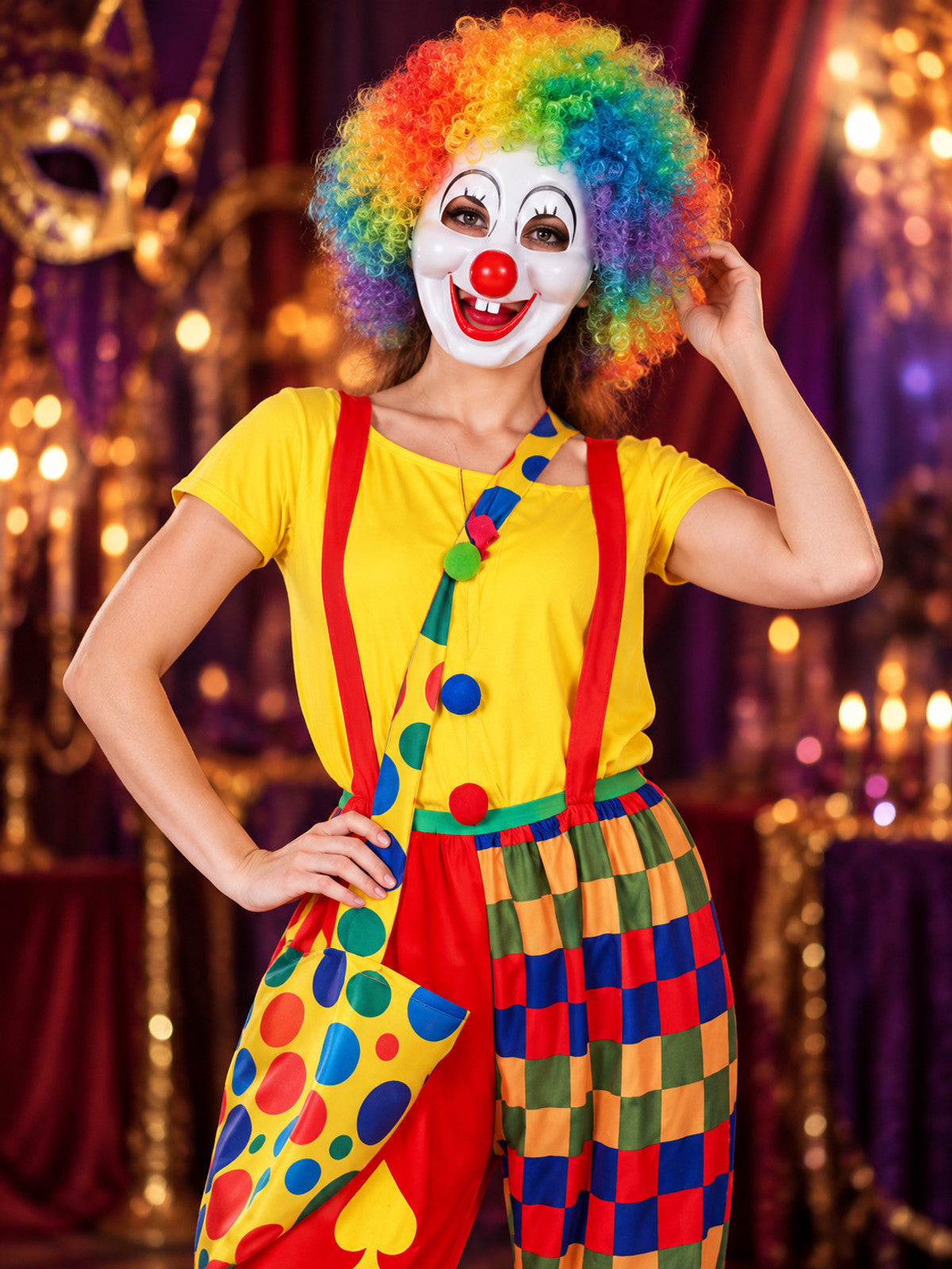 Adult Clown Costume, Yellow T-Shirt, Wig, Mask