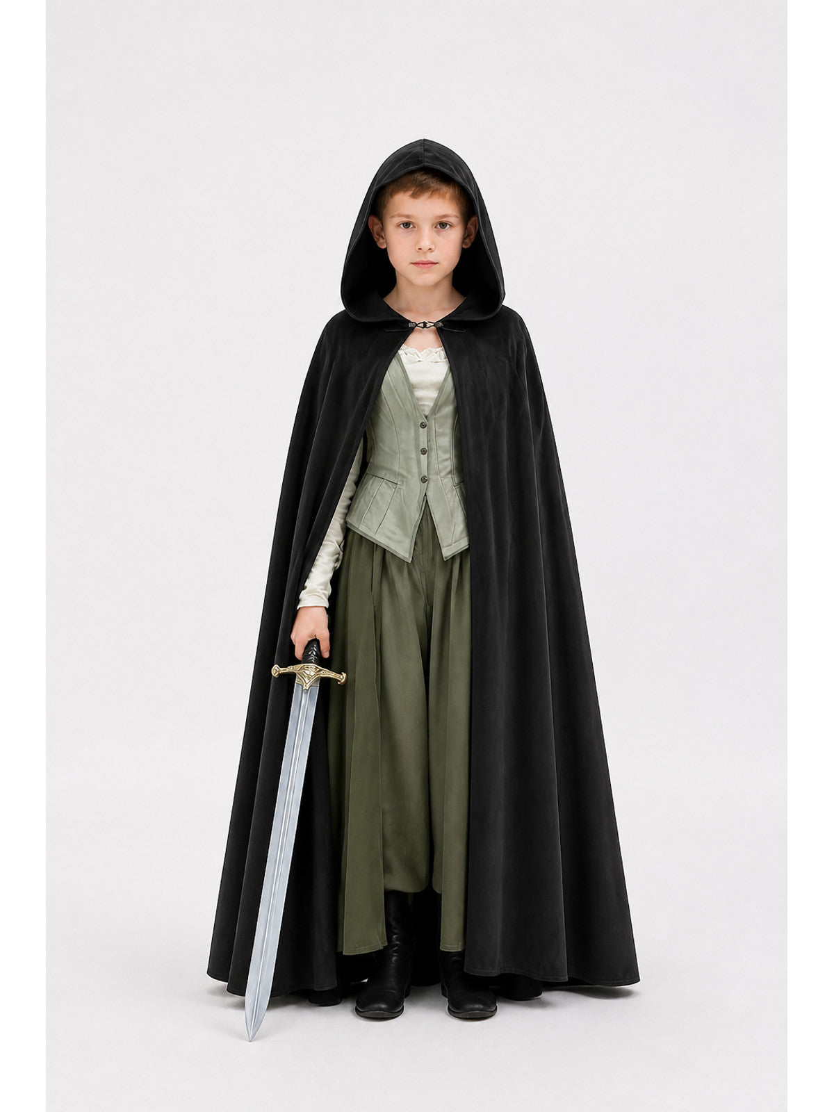 Adult Black Long Hooded Cloak with a Wide Hem