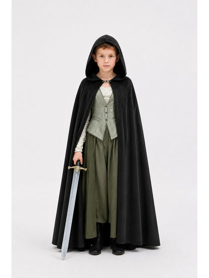 Adult Black Long Hooded Cloak with a Wide Hem