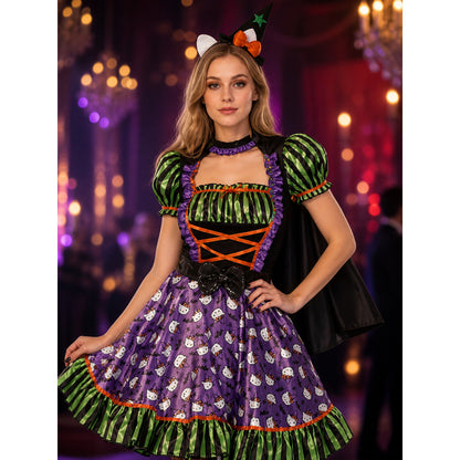 Women's Witch Costume Set with Cape and Hat, Purple Ghost Print Dress for on-model view