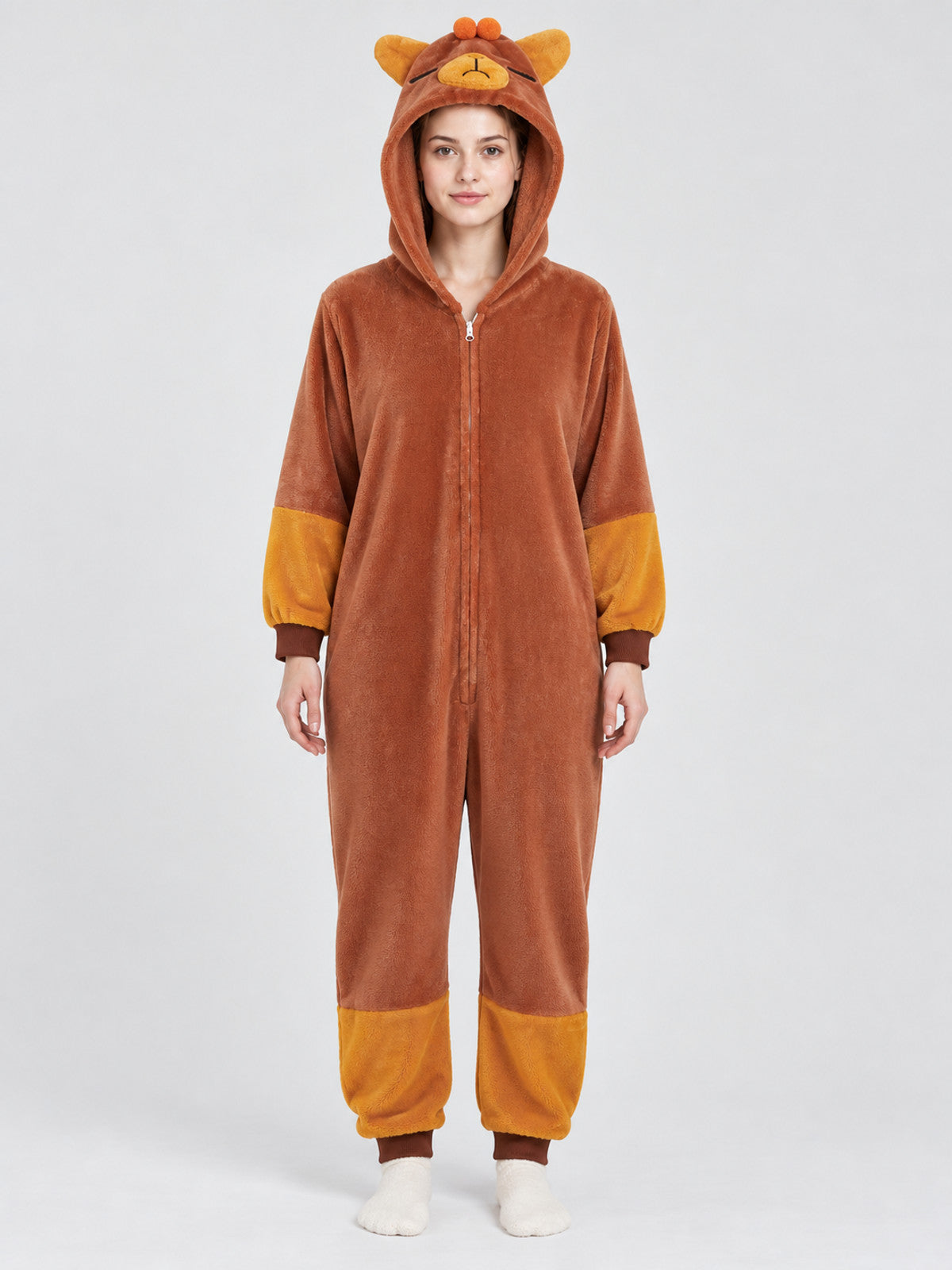 Brown plush hooded pajama jumpsuit with ears
