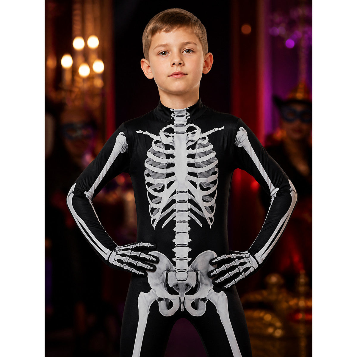 Black Skeleton Bodysuit Costume with White Bone Print - Halloween Cosplay Outfit on-model view