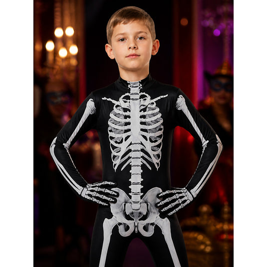 Black Skeleton Bodysuit Costume with White Bone Print - Halloween Cosplay Outfit on-model view