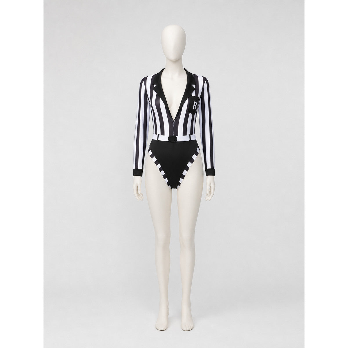 Black-and-White Striped Bodysuit with a Plunging Neckline on-model view