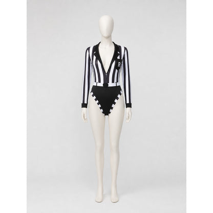 Black-and-White Striped Bodysuit with a Plunging Neckline on-model view