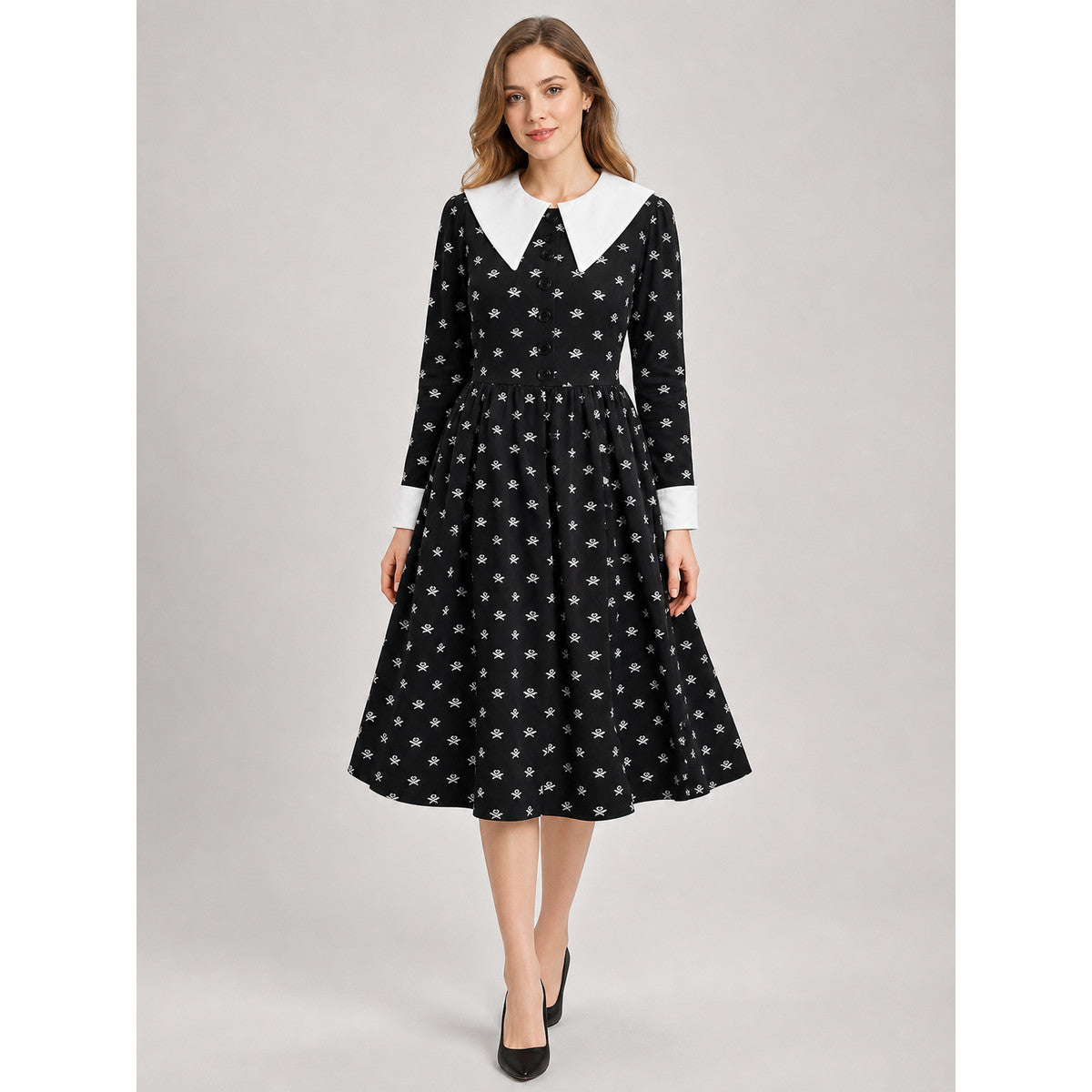 Gothic Dress with Skulls, Collar, and Buttons on-model view