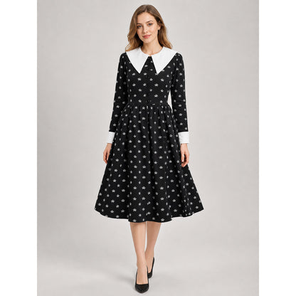 Gothic Dress with Skulls, Collar, and Buttons on-model view