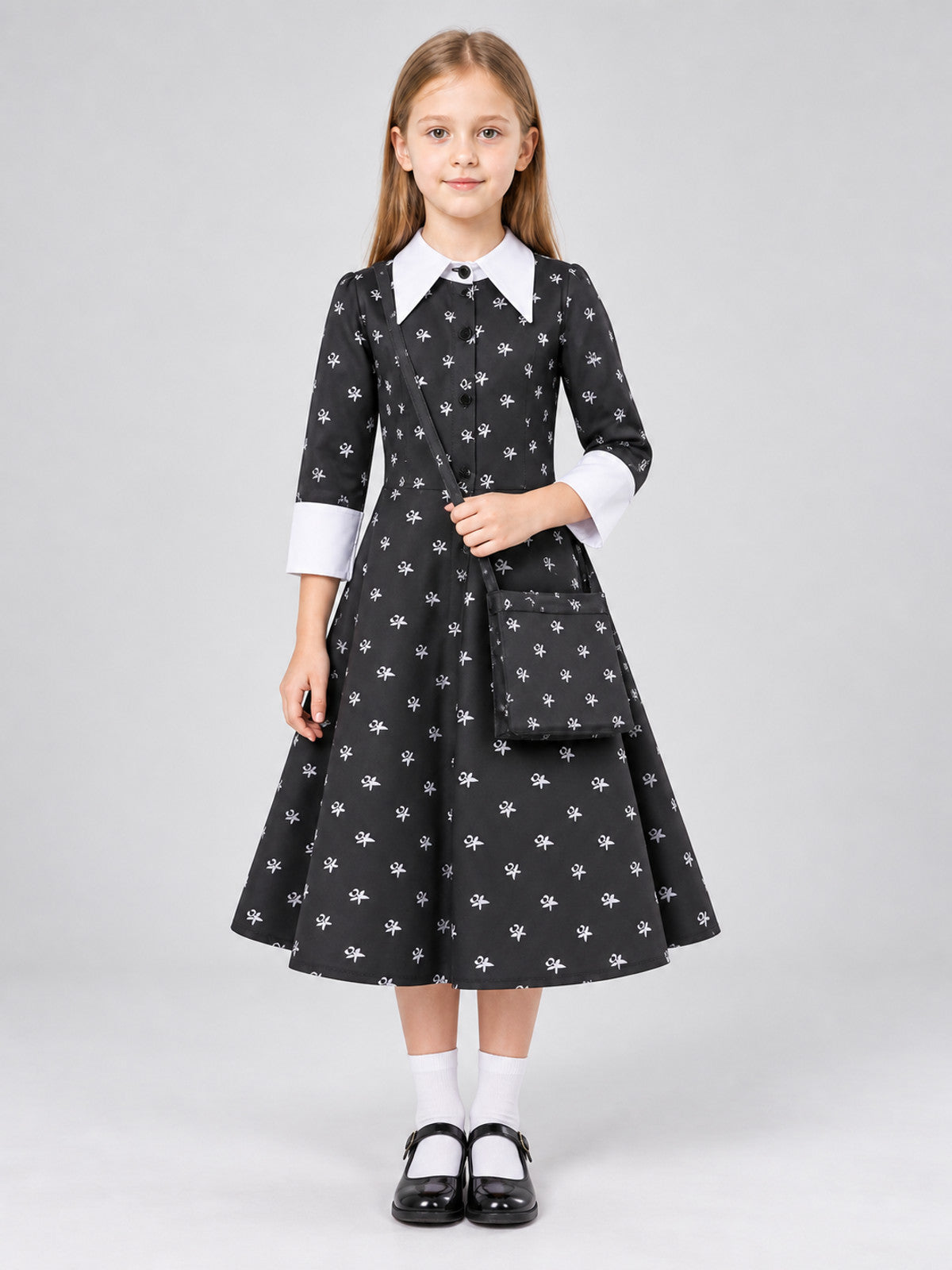 Children's Black Costume Dress with Collar and Bag on-model view