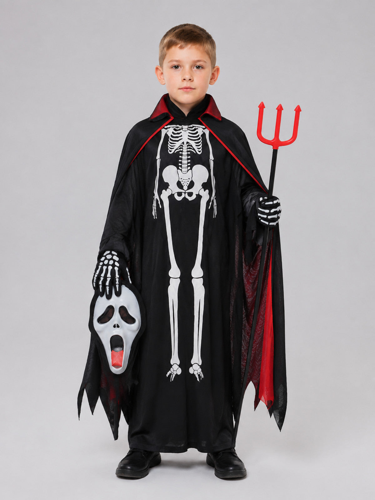Skeleton Costume with Mask and Cape on-model view