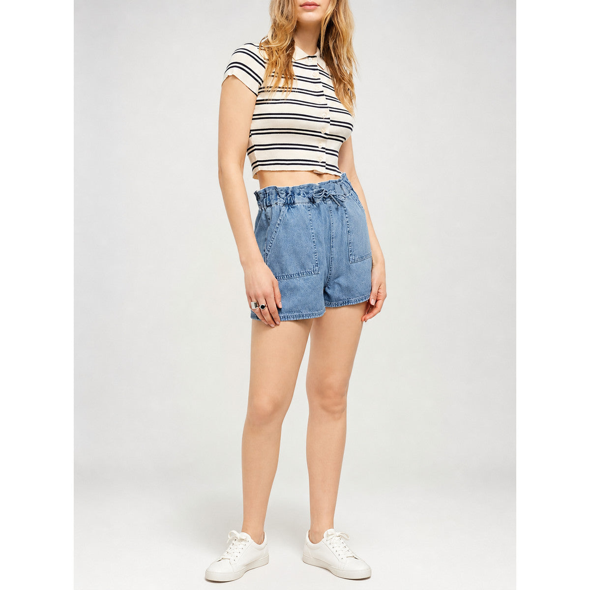 High-Waisted Denim Shorts, Light Blue