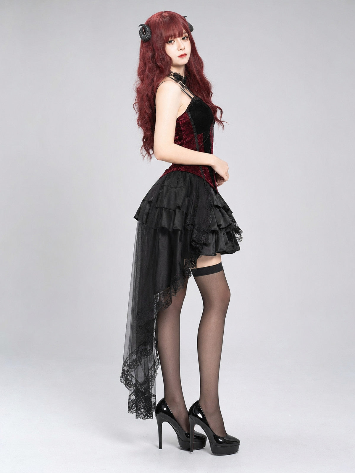 Gothic Costume with Corset, Skirt, and Necklace side view