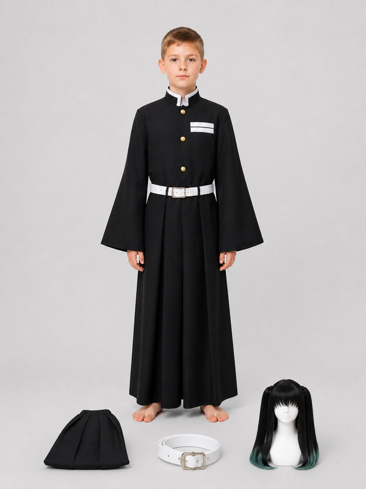 Tokito Muichiro Cosplay Costume with Belt and Wig on-model view