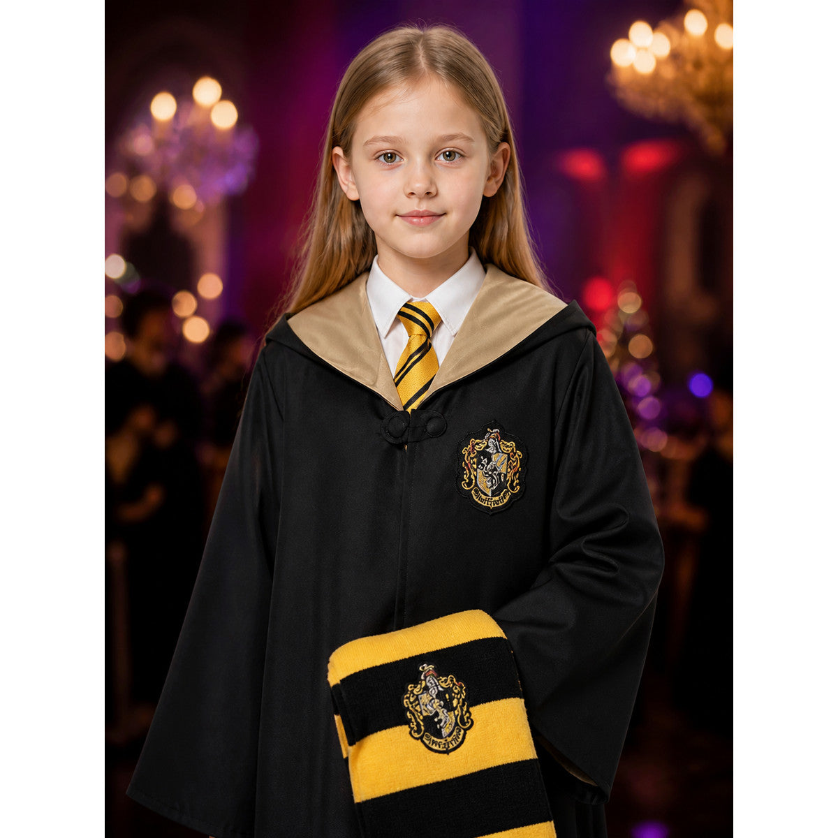 Kids Wizard Costume Set - Black Hooded Robe with Academy Crest & Yellow Black on-model view
