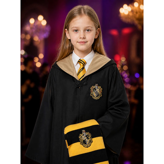 Kids Wizard Costume Set - Black Hooded Robe with Academy Crest & Yellow Black on-model view