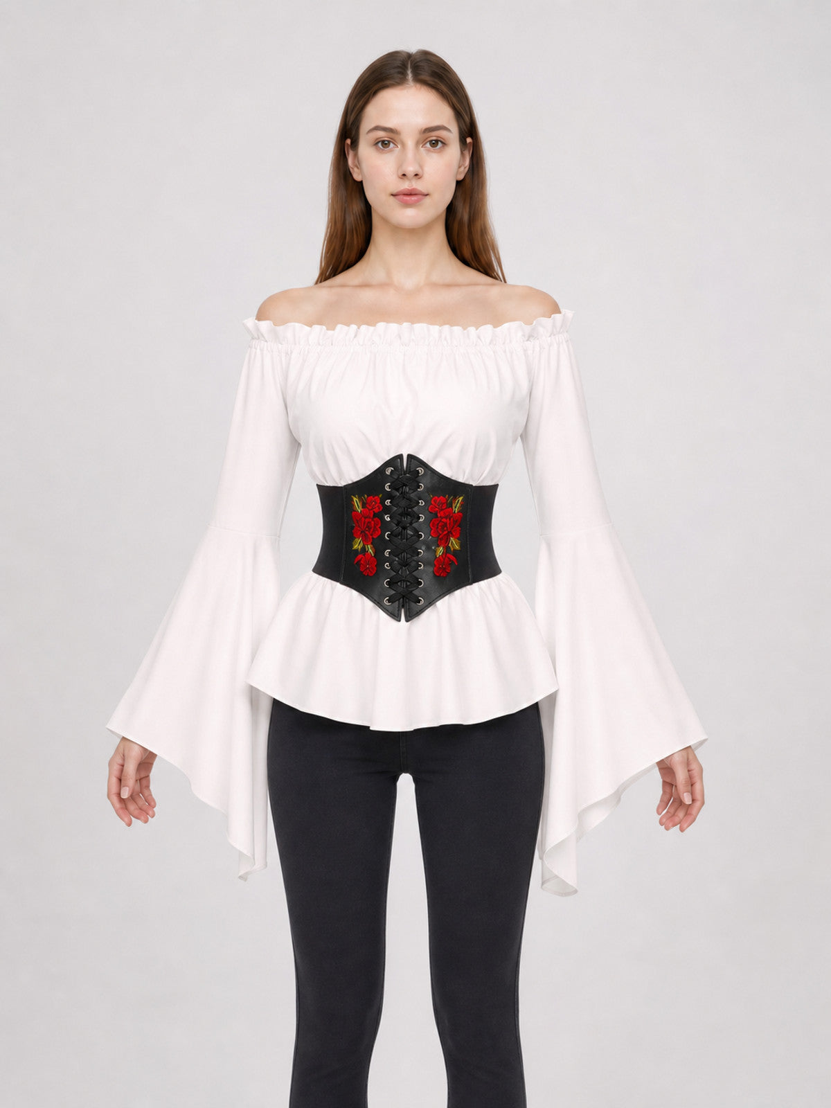 Vintage-Style Blouse with Embroidered Belt front view