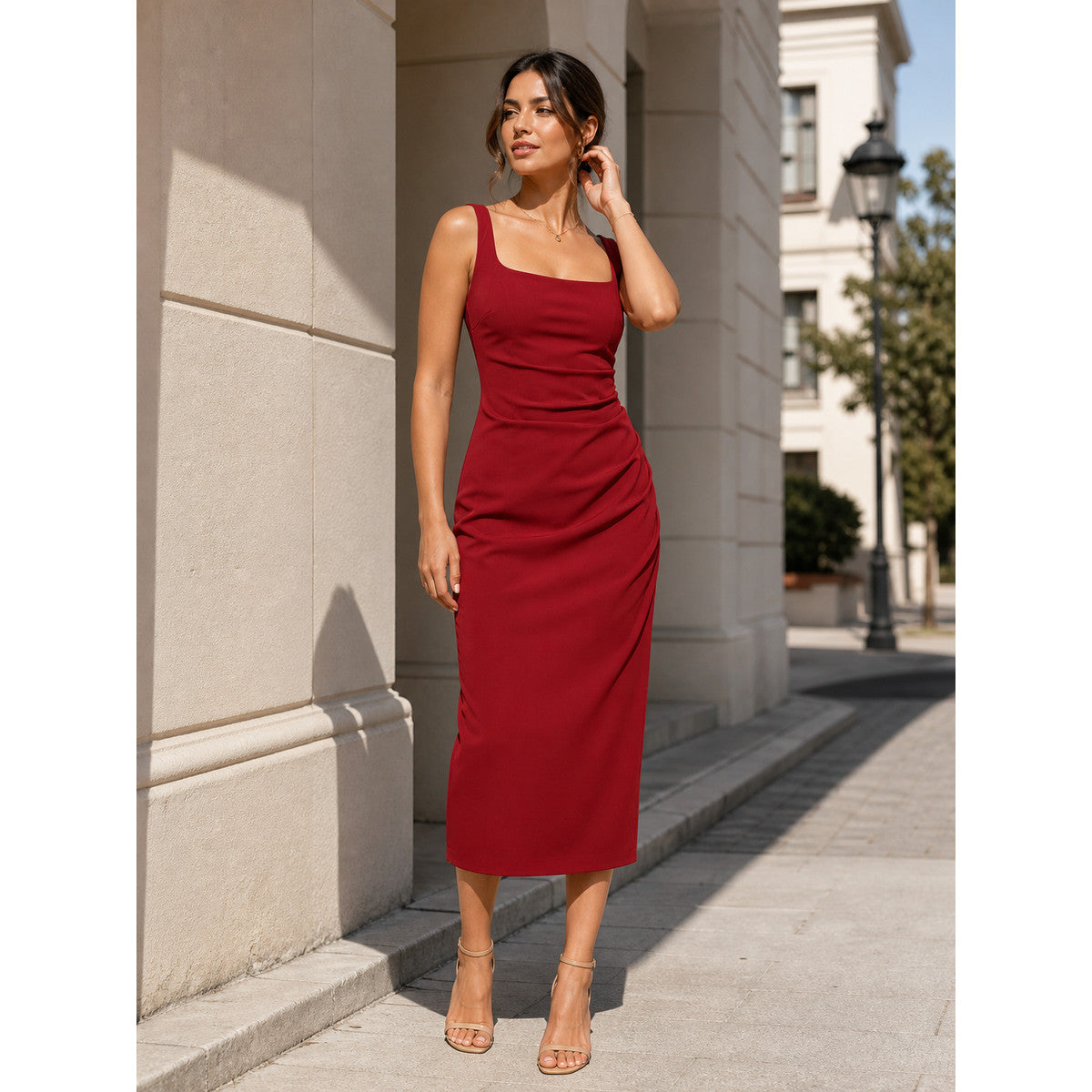 Fitted Red Sleeveless Ruched Dress main product view