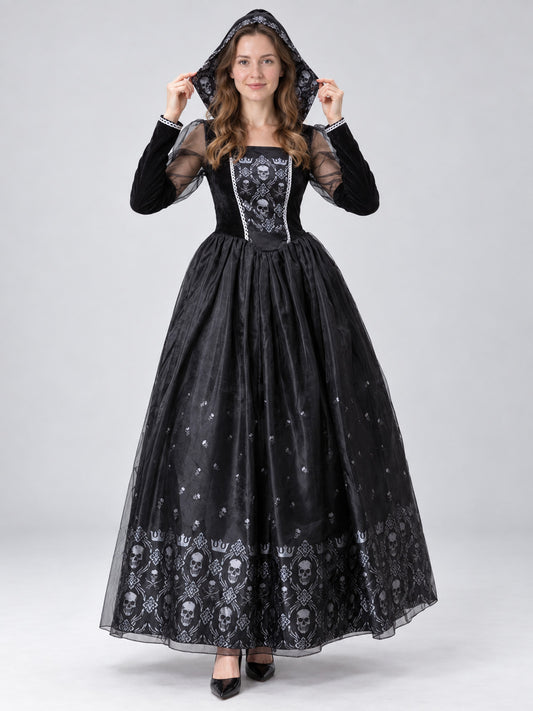 Gothic-Style Carnival Dress with Skull Print