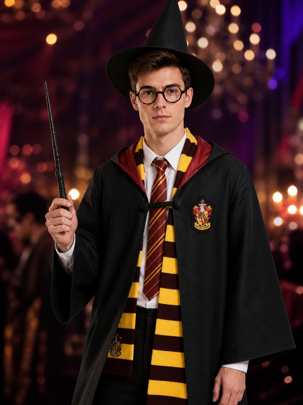 Wizard Costume Set With Robe, Hat, Scarf, Glasses, Tie And Wand on-model view