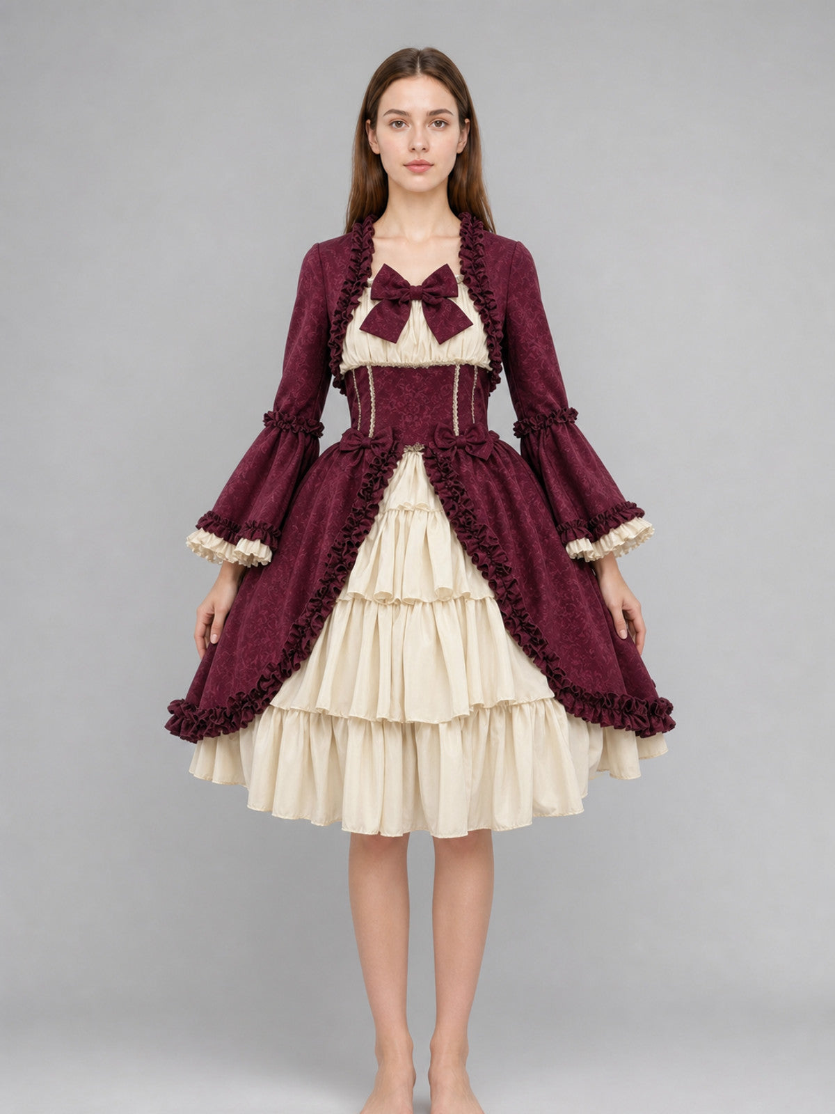 Victorian Gothic Dress with Bow and Ruffles front view